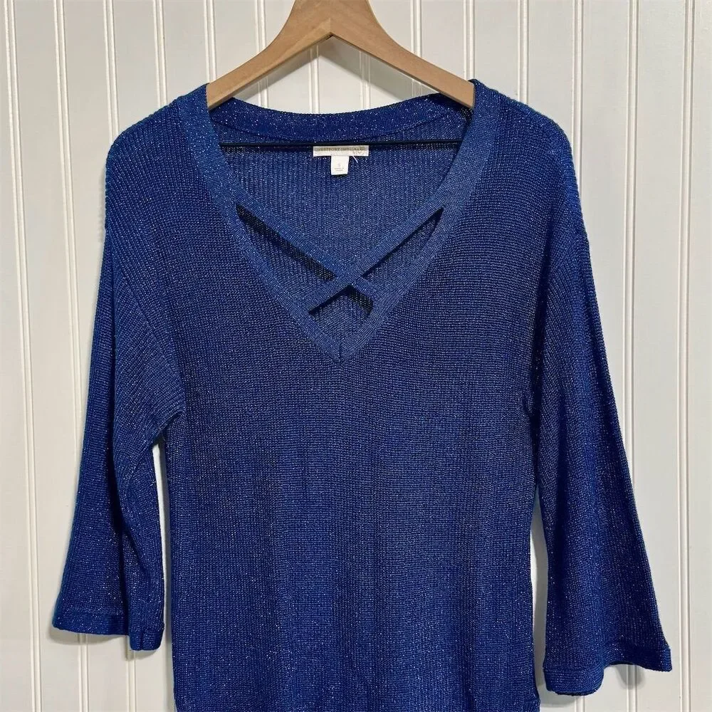 Westport 1962 Metallic Knit Top S Blue Shimmer Criss Cross V-Neck Sweater Blouse